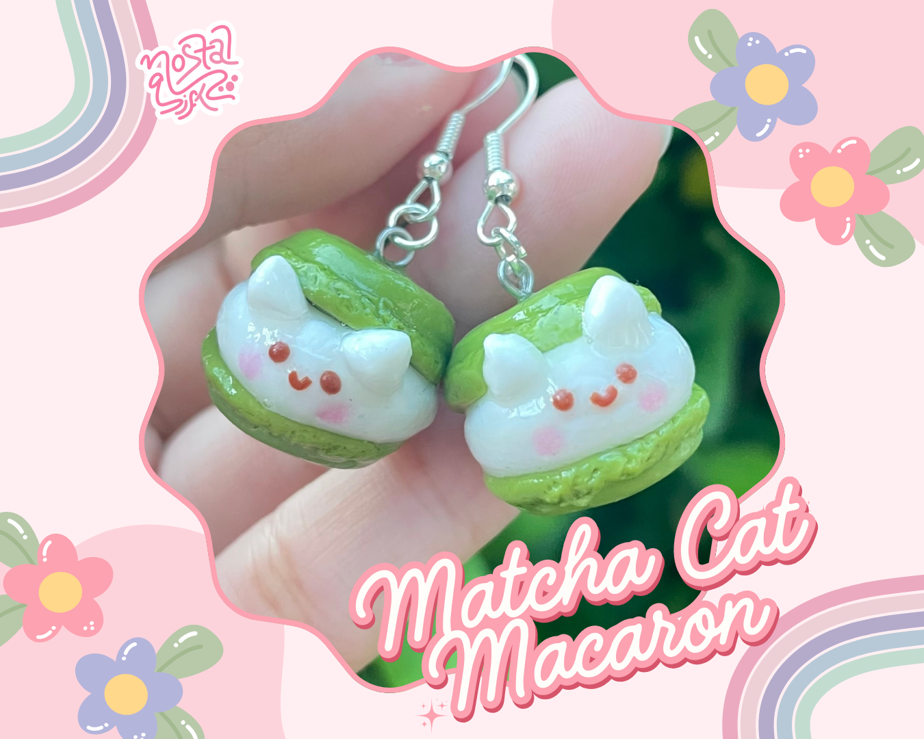 Matcha Cat Macaron Earrings