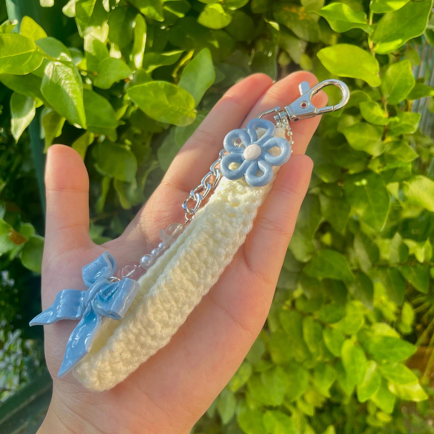 Handmade Crochet Blue Ribbon Wristlet Keychain Cute Keychain Fun Keyring Gift for Her Handmade Accessories Blue Ribbon Keychain