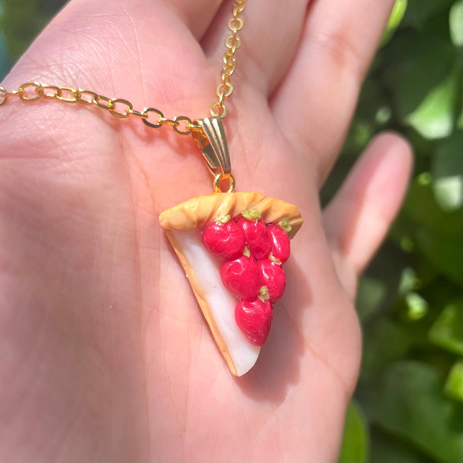 Handmade Strawberry Pie Necklace Cute Dessert Jewelry Foodie Gift Sweet Treat Pendant Gift for Her Kawaii Accessories