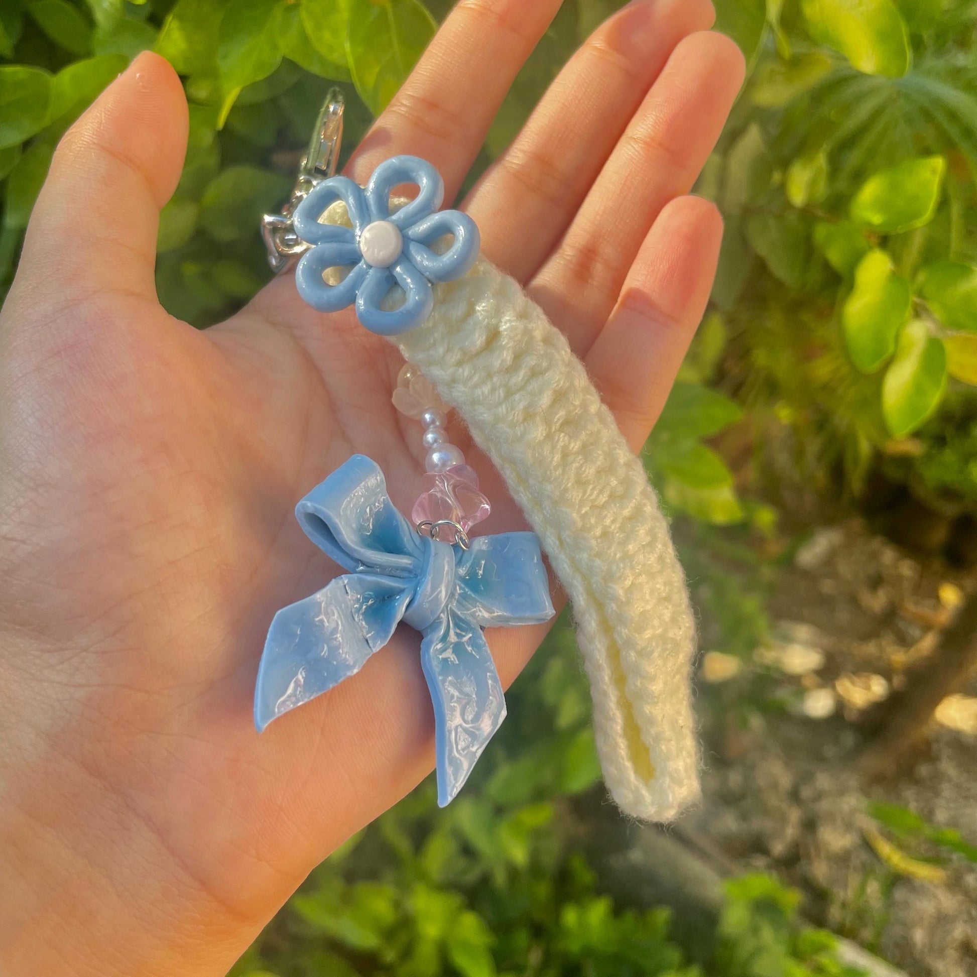 Handmade Crochet Blue Ribbon Wristlet Keychain Cute Keychain Fun Keyring Gift for Her Handmade Accessories Blue Ribbon Keychain