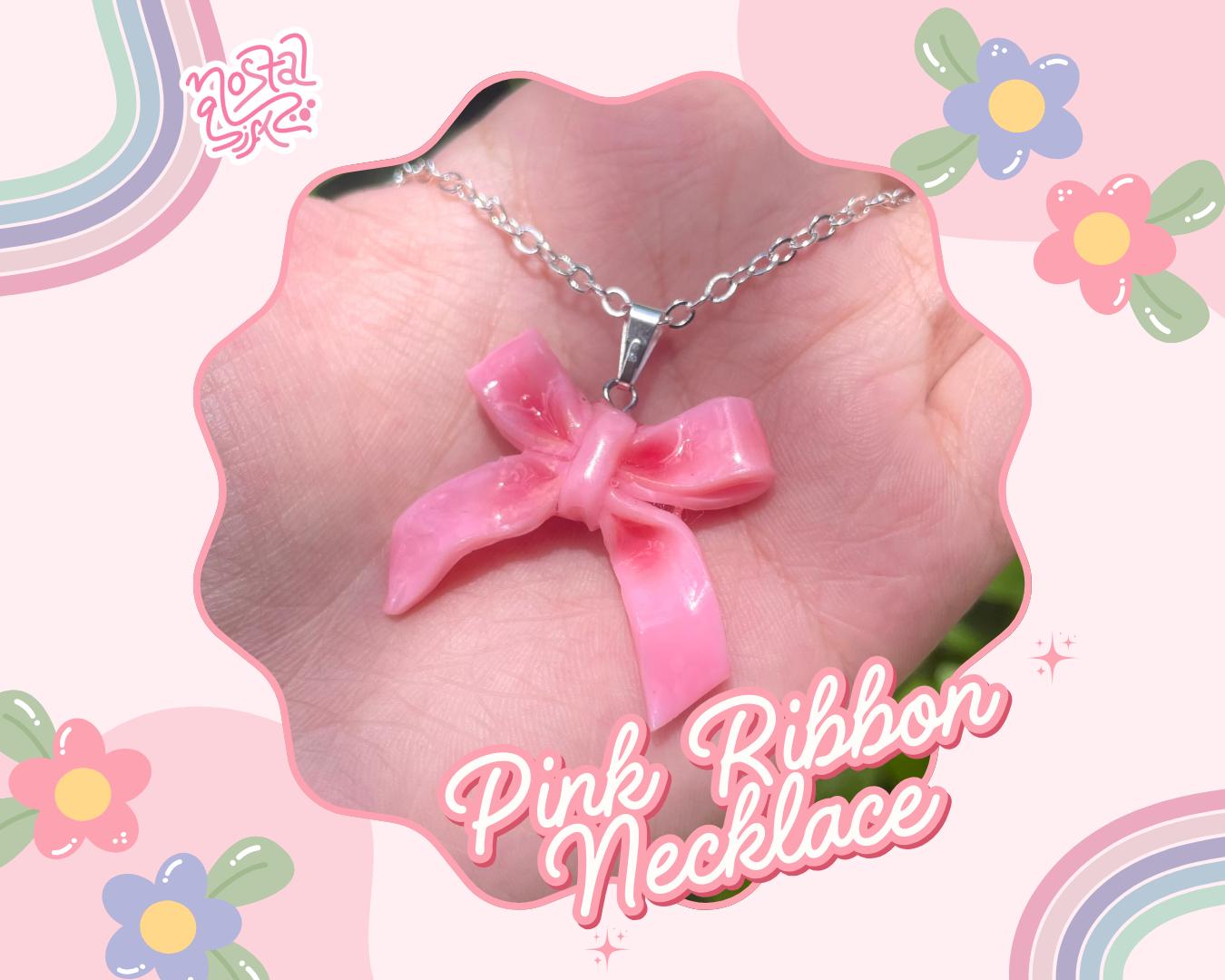 Handmade Pink Ribbon Necklace Cute Bow Pendant Jewelry Gift for Her Kawaii Accessories Elegant Minimalist Necklace